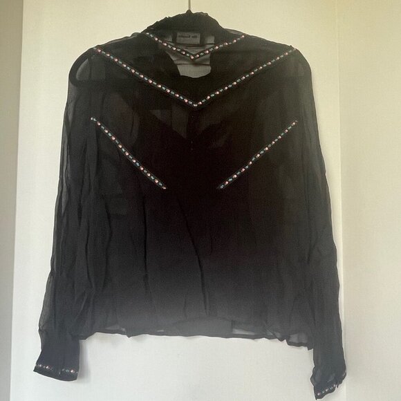 The Kooples Women’s XS Black Floral Ruffle Top Long Sleeve Mock Neck Whimsigoth - Picture 5 of 9